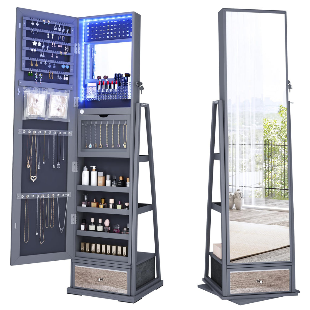 HWB Jewelry Cabinet with Light Storage: 360° Swivel Jewelry Storage with Full-Length Mirror - Standing Lockable Jewelry Armoire Organizer for Girls/Women Gifts - Grey