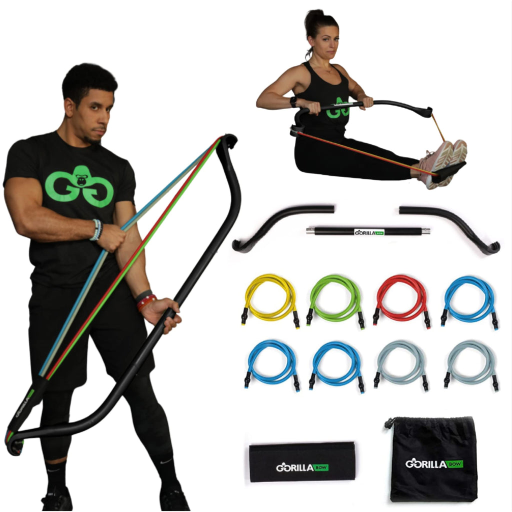 Gorilla Bow Portable Home Gym System Strength Training Equipment 100 Plus Quality Workouts All in One Exercise Equipment for Travel Home Gym & Outdoor Workouts(Travel Bow Black Heavy Bundle)