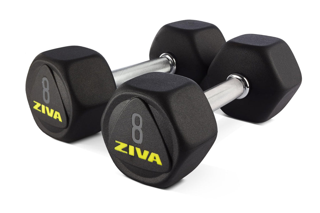 ZIVA Performance RPU Hex Dumbbells – Solid Steel Core Premium Urethane Rubber Encasing Corrosion Resistant - Commercial Grade for Rigorous Exercise Strength Training - Pair of Two Dumbbell 8 lb