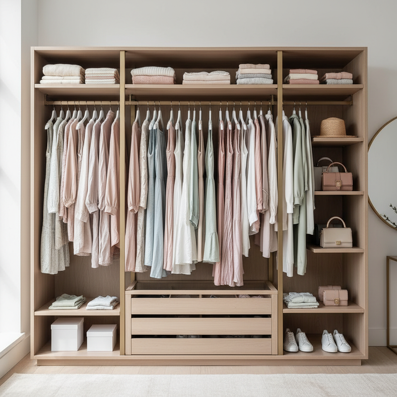 Closet with summer, winter & sports clothing